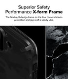 iPhone 16 Plus Case | Fusion-X - Close-up of a black phone case with a reinforced X-shaped corner design next to a rocky texture.