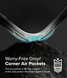 iPhone 16 Plus Case | Fusion-X - Close-up of a phone case corner with highlighted air pockets for impact protection against a dark background.
