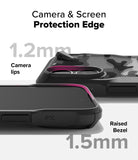 iPhone 16 Plus Case | Fusion-X - Close-up of phone case showing 1.2mm camera lips and 1.5mm raised screen bezel for protection.