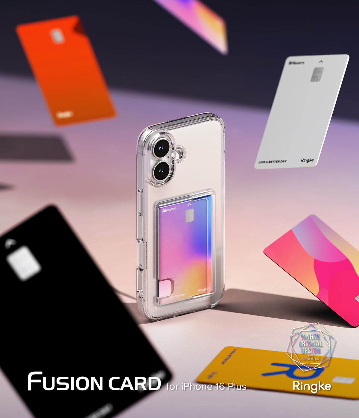 iPhone 16 Plus Case | Fusion Card - Clear phone case with a card holder slot surrounded by floating colorful credit cards.