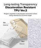 iPhone 16 Plus Case | Fusion Card - Comparison of yellowed old TPU case vs. clear new TPU case with raw material pellets.