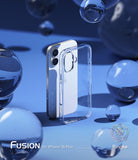 iPhone 16 Plus Case | Fusion - Clear protective case standing next to a white iPhone 16 Plus amidst floating blue bubbles.
