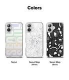 iPhone 16 Plus Case | Fusion Design - Three phone cases featuring Seoul-themed designs in pastel, white map, and black map.