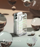 iPhone 16 Plus Case | Fusion Design - Clear phone case with iridescent text surrounded by floating glass spheres.