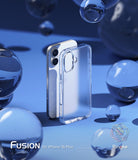 iPhone 16 Plus Case | Fusion Matte - Clear phone case standing next to an iPhone 16 Plus amidst floating blue bubbles.
