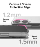 iPhone 16 Plus Case | Fusion Matte - Diagram showing 1.2mm camera lips and 1.5mm raised screen bezel for protection.