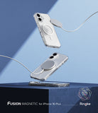 [Combo] iPhone 16 Plus | Folio Wallet Magnetic + Fusion Magnetic - Clear magnetic phone cases floating with a charger.