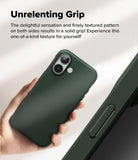 iPhone 16 Plus Case | Onyx - Hand holding a dark green phone case with a textured side grip and dual camera cutout.