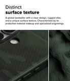 iPhone 16 Plus Case | Onyx - Close-up of a dark green phone case with diagonal engraved lines and a rugged, textured surface.