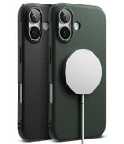 iPhone 16 Plus Case | Onyx Magnetic - Black and green textured phone cases with a white magnetic charger attached.