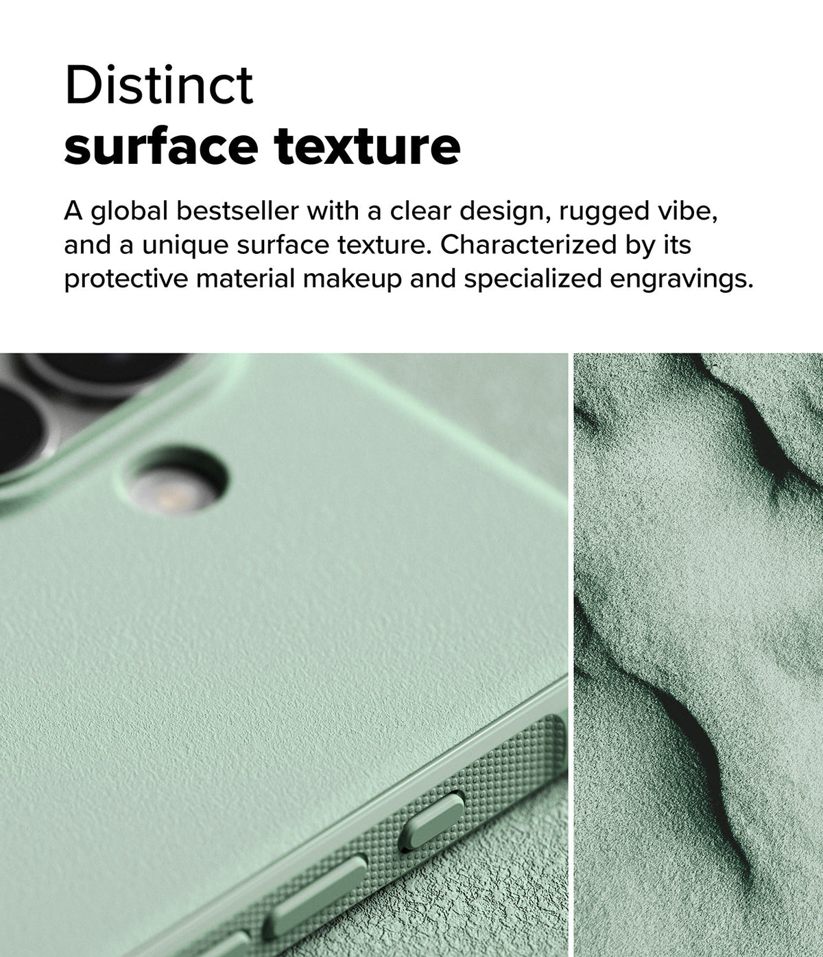 iPhone 16 Plus Case | Onyx - Close-up of a textured sage green phone case with rugged side grips and a sand-like surface detail.