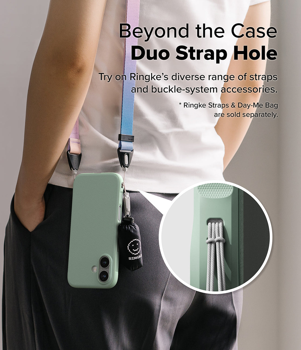 iPhone 16 Plus Case | Onyx - A light green phone case with a dual strap hole, worn with a colorful lanyard and small bag.