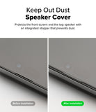 iPhone 16 Plus / 15 Plus Screen Protector | Easy Slide Privacy Tempered Glass - iPhone 16 Plus / 15 Plus Screen Protector - Split view showing a phone speaker before and after installing a dust-proof cover.