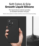 iPhone 16 Plus Case | Silicone Magnetic - Hand holding a black silicone phone case next to a pour of liquid silicone.