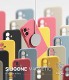 iPhone 16 Plus Case | Silicone Magnetic - A pink magnetic phone case suspended among many colorful silicone cases.