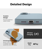 iPhone 16 Plus Case | Silicone Magnetic - Blue case showing precise bottom cutouts, liquid resistance, and wireless charging.
