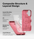iPhone 16 Plus Case | Silicone Magnetic - Exploded view of a pink phone case showing silicone, PC, and magnetic layers.