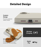 iPhone 16 Plus Case | Silicone Magnetic - Close-up of precise cutouts, liquid-resistant surface, and wireless charging icons.