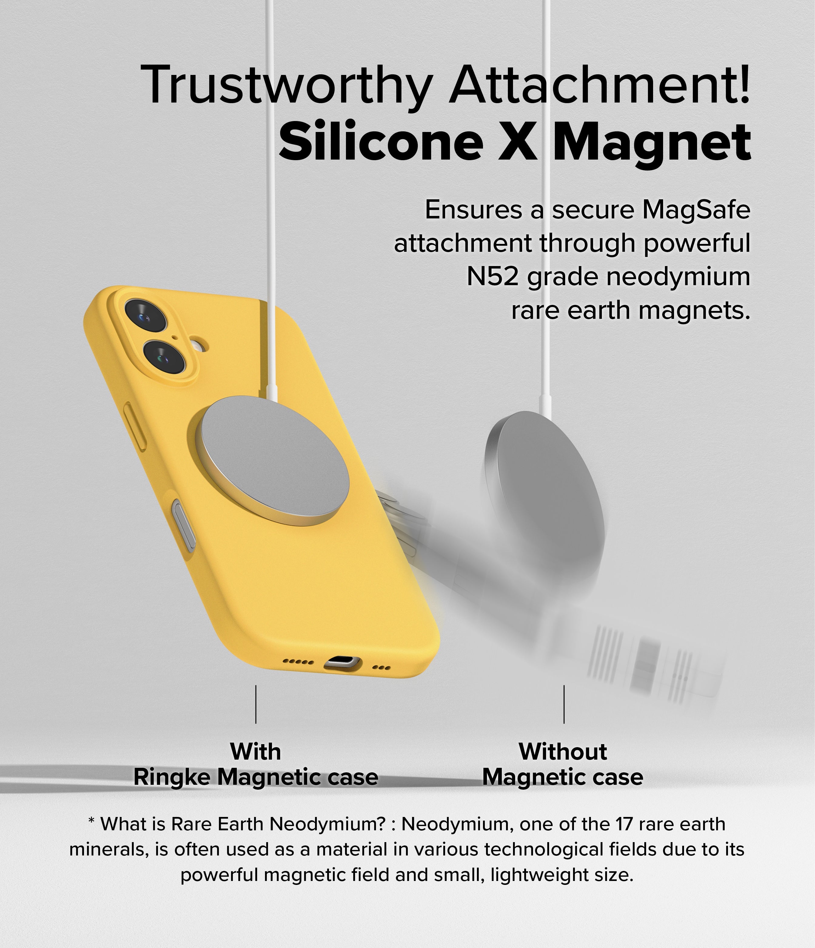 iPhone 16 Plus Case | Silicone Magnetic - Yellow phone case with a magnetic charger attached versus a falling charger.