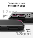 iPhone 16 Pro Case | Alles - Close-up of phone case highlighting 1.2mm camera lips and 1.3mm raised screen bezel protection.