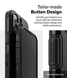 iPhone 16 Pro Case | Alles - Close-up of black phone case showing tactile, notched buttons and a fine aperture line design.