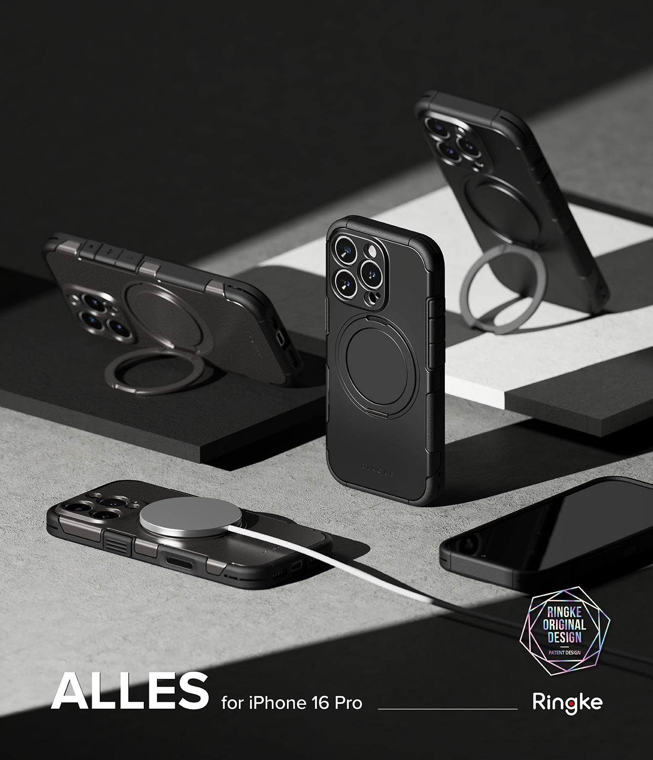 iPhone 16 Pro Case | Alles - Black protective cases for iPhone 16 Pro with integrated ring stands and MagSafe charging.