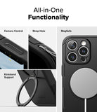 iPhone 16 Pro Case | Alles - Close-ups of camera control, strap hole, kickstand, and MagSafe charging on a black phone case.