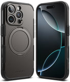 iPhone 16 Pro Case | Alles - Matte black rugged phone case with a circular kickstand on the back and front screen view.