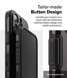 iPhone 16 Pro Case | Alles - Close-up of a black phone case showing textured, tactile buttons and a fine aperture line.