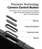 iPhone 16 Pro Case | Alles - Exploded view of a phone case camera button showing PET film, PCB, aluminum frame, and silicone.