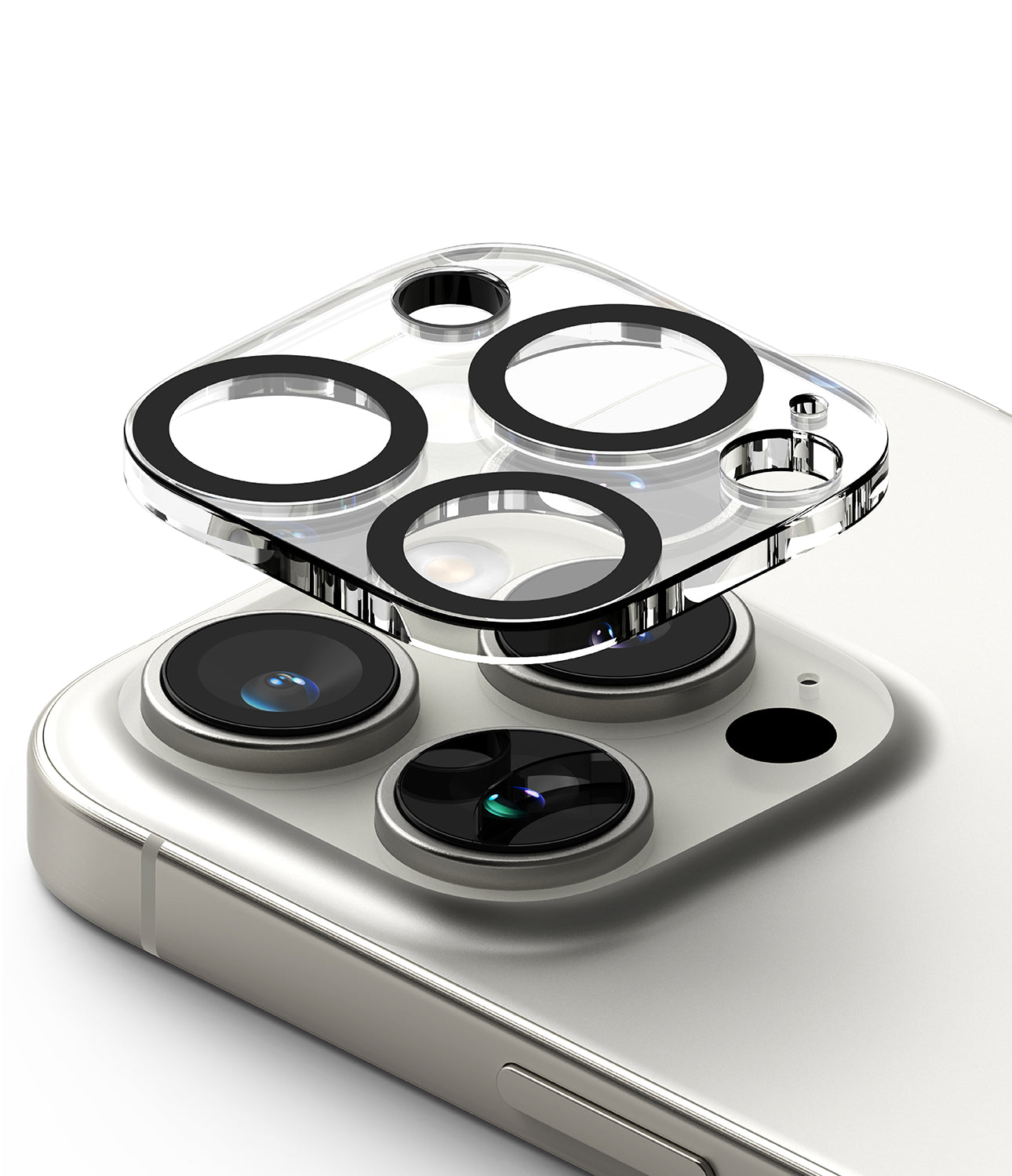 iPhone 16 Pro Max / 16 Pro | Camera Glass [2 Pack] - Clear protective cover hovering above the iPhone camera lenses.