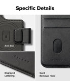 iPhone 16 Pro Cover | Folio Grip Wallet Magnetic - iPhone 16 Pro Cover - Close-up of black leather wallet showing anti-slip texture, engraved Ringke logo, and card removal hole.