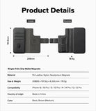 iPhone 16 Pro Cover | Folio Grip Wallet Magnetic - iPhone 16 Pro Cover - Technical diagram showing dimensions, weight, and features of a black magnetic folio wallet case.