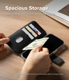 iPhone 16 Pro Cover | Folio Grip Wallet Magnetic - iPhone 16 Pro Cover - Black folio wallet case open, showing cards and cash being inserted into slots on a wooden desk.
