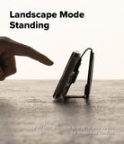 iPhone 16 Pro Cover | Folio Grip Wallet Magnetic - iPhone 16 Pro Cover - A finger points to a phone in a folio case folded into a landscape stand on a textured surface.