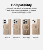 iPhone 16 Pro Cover | Folio Grip Wallet Magnetic - iPhone 16 Pro Cover - Compatibility chart showing a tan magnetic folio grip wallet attached to four different iPhone models.