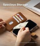 iPhone 16 Pro Cover | Folio Grip Wallet Magnetic - iPhone 16 Pro Cover - Tan leather folio wallet case holding three cards and a twenty-dollar bill on a wooden desk.