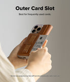 iPhone 16 Pro Cover | Folio Grip Wallet Magnetic - iPhone 16 Pro Cover - Hands holding a brown leather folio phone case with an outer card slot and elastic finger grip.