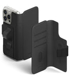iPhone 16 Pro Cover | Folio Grip Wallet Magnetic - iPhone 16 Pro Cover - Black folio wallet case with a magnetic strap, card slots, and a hand grip on the back.