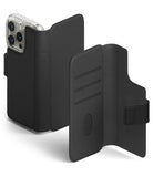 [Combo] iPhone 14 Plus | Folio Wallet Magnetic + Fusion Magnetic - Black folio wallet case with card slots and phone.