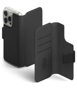 [Combo] iPhone 14 Plus | Folio Wallet Magnetic + Fusion Magnetic - Black folio wallet case with card slots and phone.
