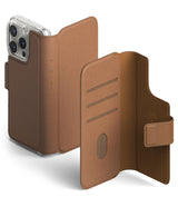 [Combo] iPhone 14 Plus | Folio Wallet Magnetic + Fusion Magnetic - Brown leather folio wallet case with card slots and magnetic closure, shown closed on a phone and open.