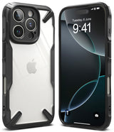 iPhone 16 Pro Max Case | Fusion-X - Front and back views of a rugged black and clear protective phone case.