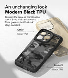 iPhone 16 Pro Case | Fusion-X - A black Fusion-X phone case with a camo pattern compared to a discolored clear TPU case.