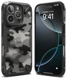 iPhone 16 Pro Max Case | Fusion-X - Black rugged case with a striped camo back, shown from front and rear angles.