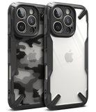 iPhone 16 Pro Case | Fusion-X - Two rugged black cases for iPhone 16 Pro, one with camo pattern and one clear back.