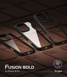 iPhone 16 Pro Case | Fusion Bold - Three clear phone cases with black textured frames arranged on a dark brown background.