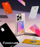 iPhone 16 Pro Case | Fusion Card - Clear phone case with a gradient card slot, surrounded by floating colorful credit cards.