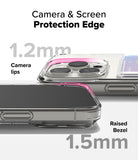iPhone 16 Pro Case | Fusion Card - Close-up of clear phone case showing 1.2mm camera lips and 1.5mm raised screen bezel protection.