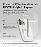 iPhone 16 Pro Case | Fusion Card - Diagram showing PC and TPU hybrid layers of a clear phone case on an iPhone 16 Pro.